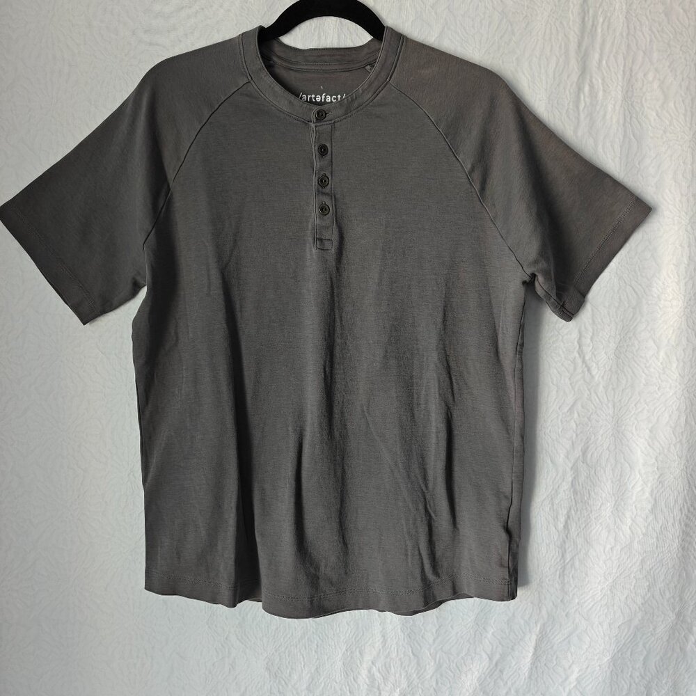 ARTEFACT Men's Short Sleeve Henley Tee 100% Pima Cotton Gray Size Large